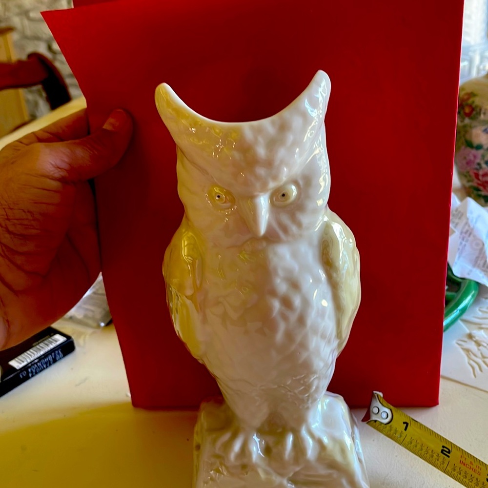 Belleek Ireland Porcelain Owl Vase Figurine Vintage White Yellow Lustre